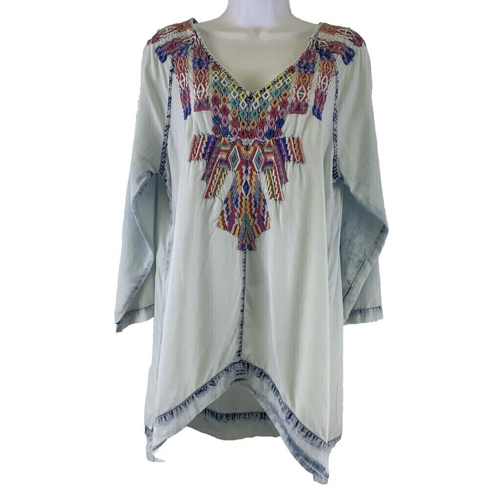 Soft‎ Surroundings Mixteca Multi Embroidered Tunic Tencel 29962 Womens Medium